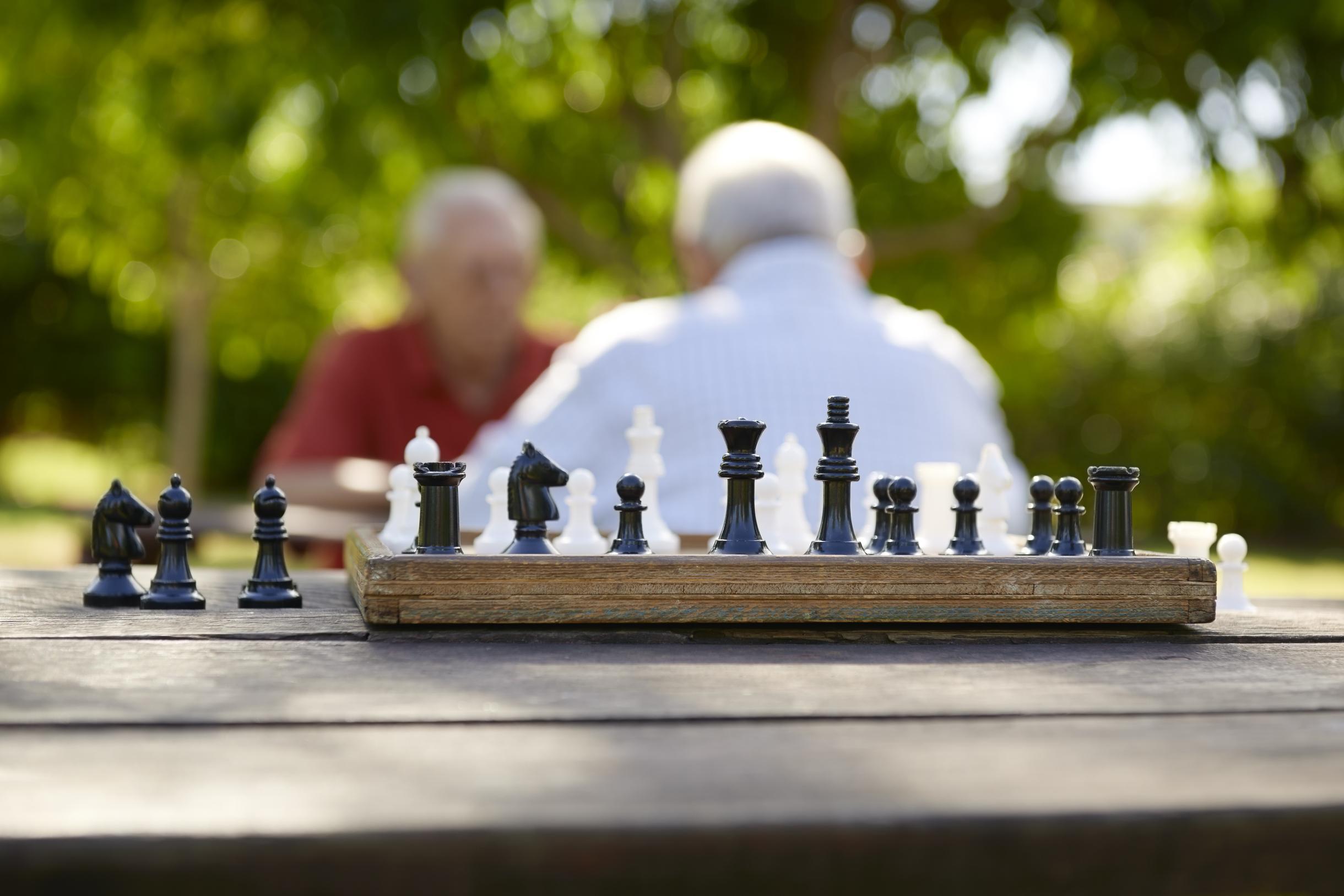 Two friends playing chess in the park